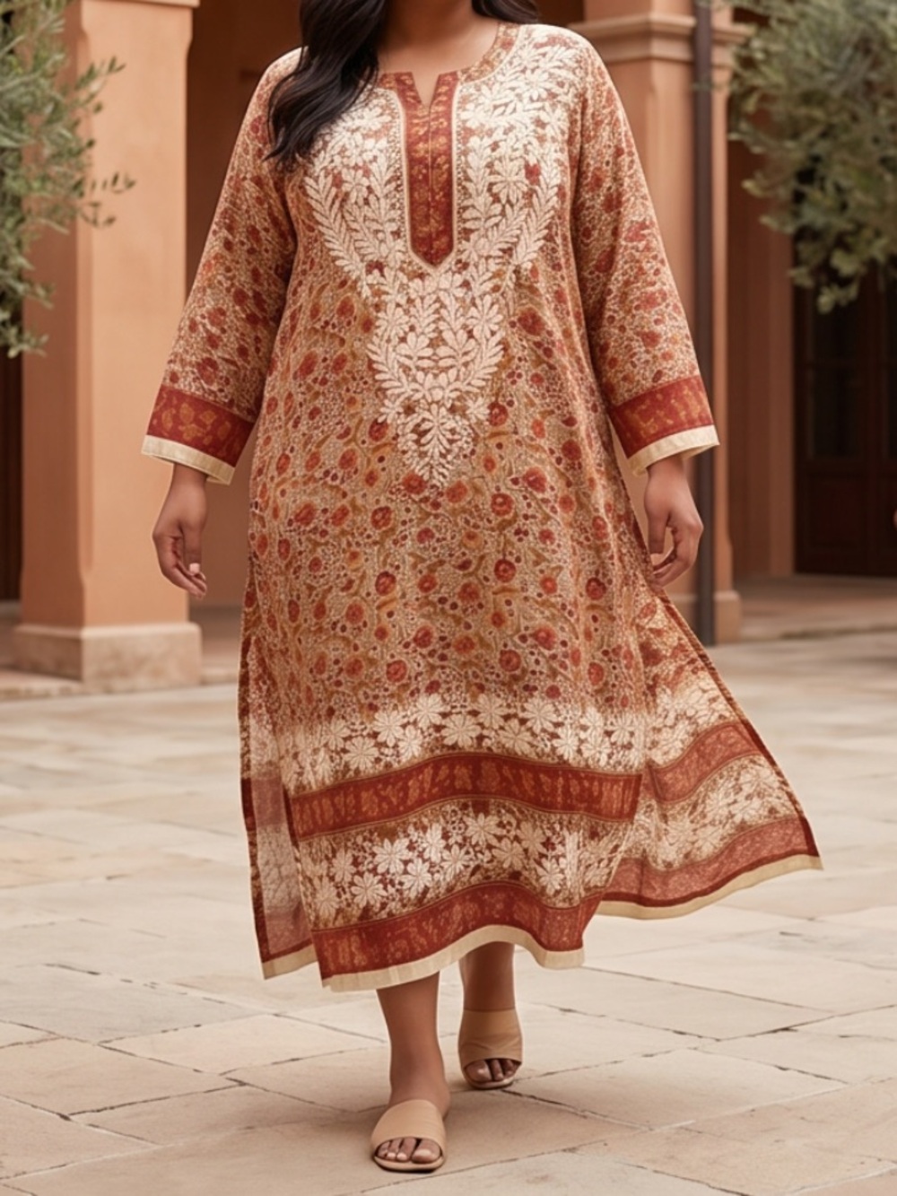 Orange and Cream Boxy Tunic with Mandarin Collar
